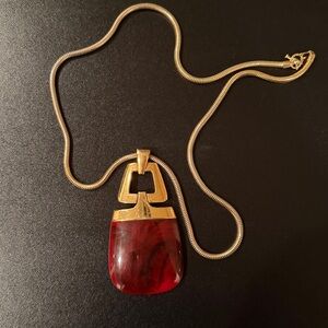 Vintage Trifari Gold and Burgundy (deep red, purple) Pendant Necklace